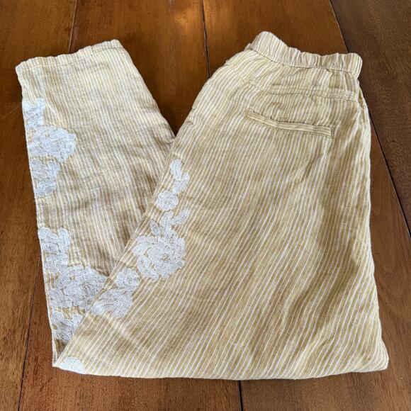 Anthropologie 100% Linen Yellow Stripe Floral Embroidered Pants Sz Sml Boho - Picture 10 of 15